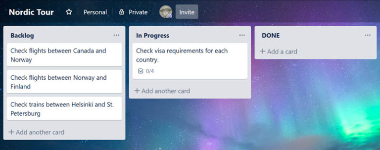 A Trello board showing three tasks under backlong, and one task under in progress.